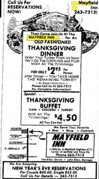 Mayfield Inn - Nov 12 1977 Ad (newer photo)